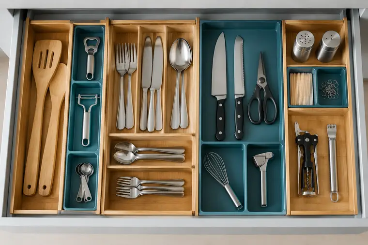 Separadores de bambú organizando cubiertos y utensilios en un cajón de cocina
