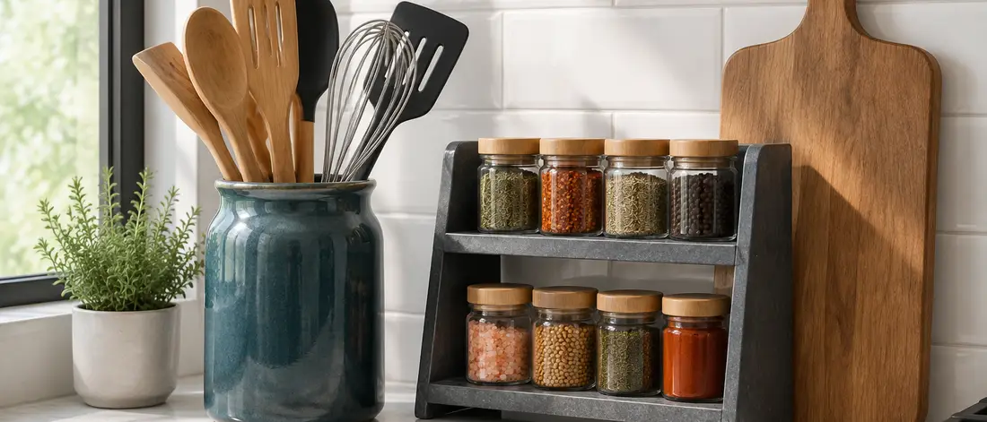 Especiero de dos niveles con tarros y utensilios de madera sobre una encimera de cocina