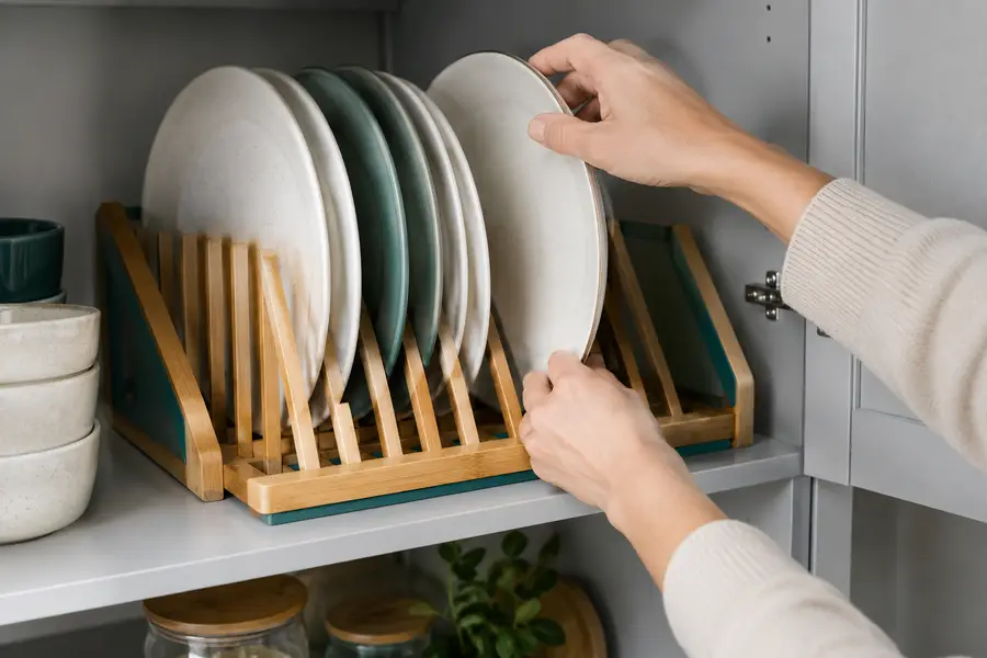 Platos ordenados en un escurreplatos de bambú dentro de un armario de cocina