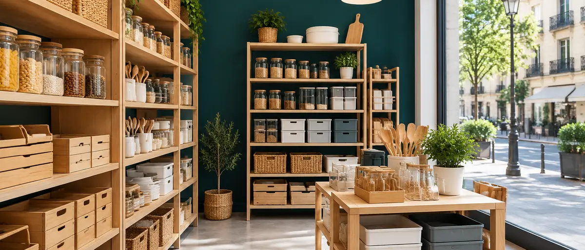 Interior del taller de Cocina Arganzuela con estanterías de organizadores y muestras en Madrid